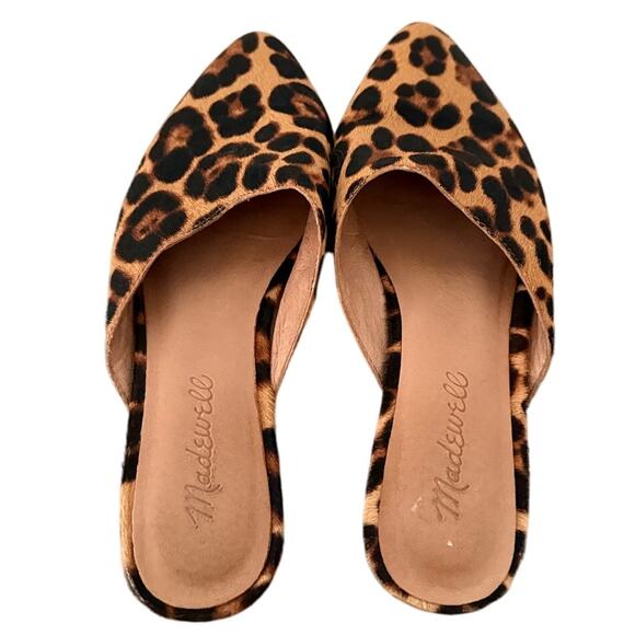 Women's Madewell Leather Animal Print Brown Leopard Pointed Toe Slip On Flats-5 - Picture 2 of 6